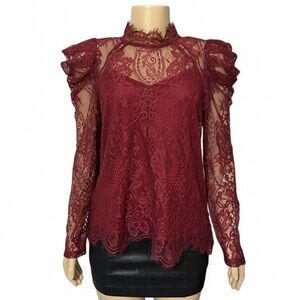 Puff Sleeve Lace Top SML Red Andree Savanna Jane